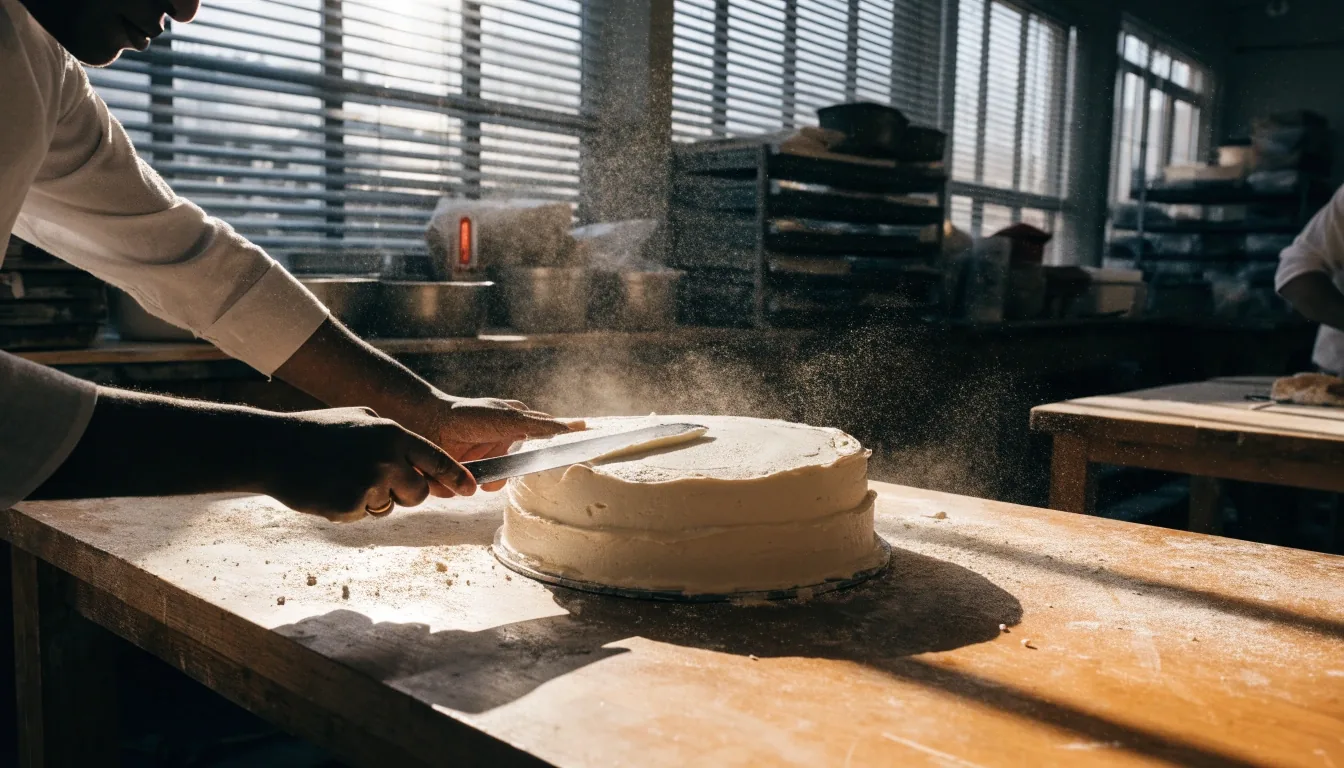 كعكة بطبقتين على طاولة خشب في ضوء النهار داخل مخبز شكرا يوغا بالرياض